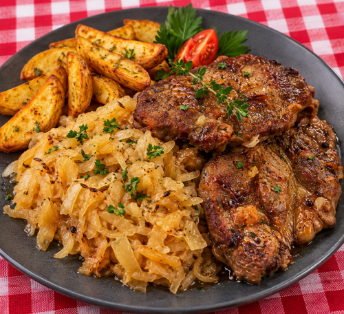 Káposzta ágyon sült bacönös karaj, házi steak burgonyával