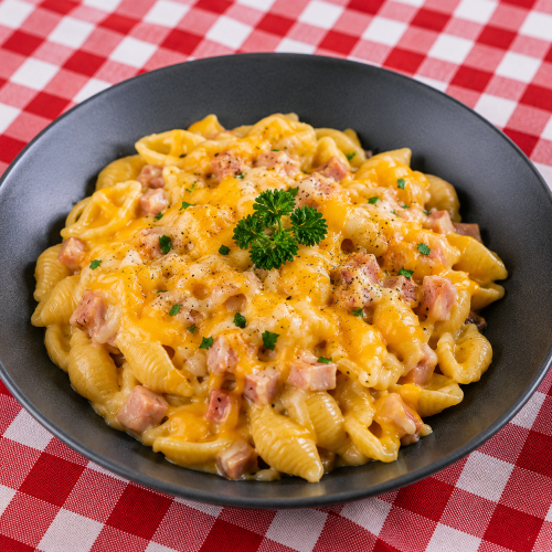 Cheddar sajtos-főtt tarjás, olasz kagylótészta