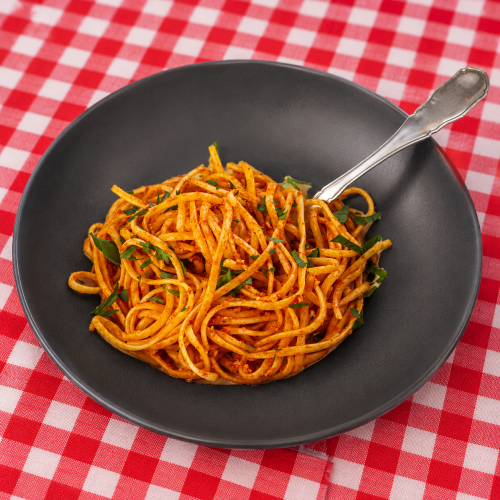 Sült kápia paprikás, krémsajtos spagetti